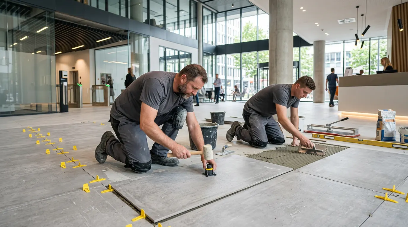 Polnischer Fliesenleger verlegt großformatige Platten in Deutschland