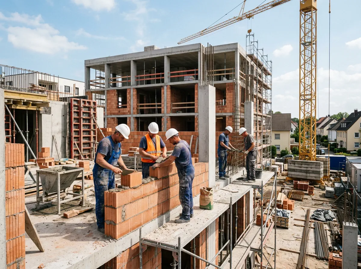 Polnische Hochbau-Kolonne arbeitet an einem Rohbau in Deutschland