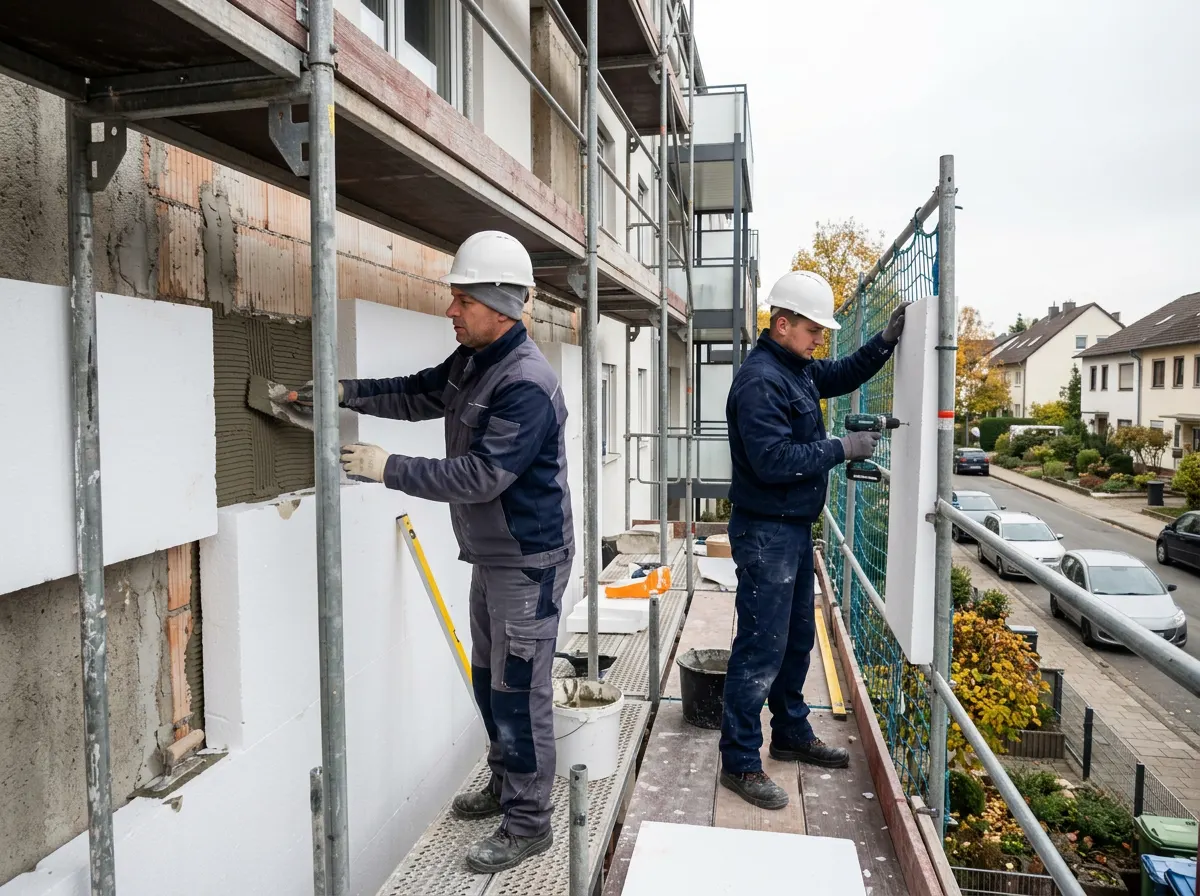 Polnische Fassadenkolonne montiert ein Wärmedämmverbundsystem in Deutschland