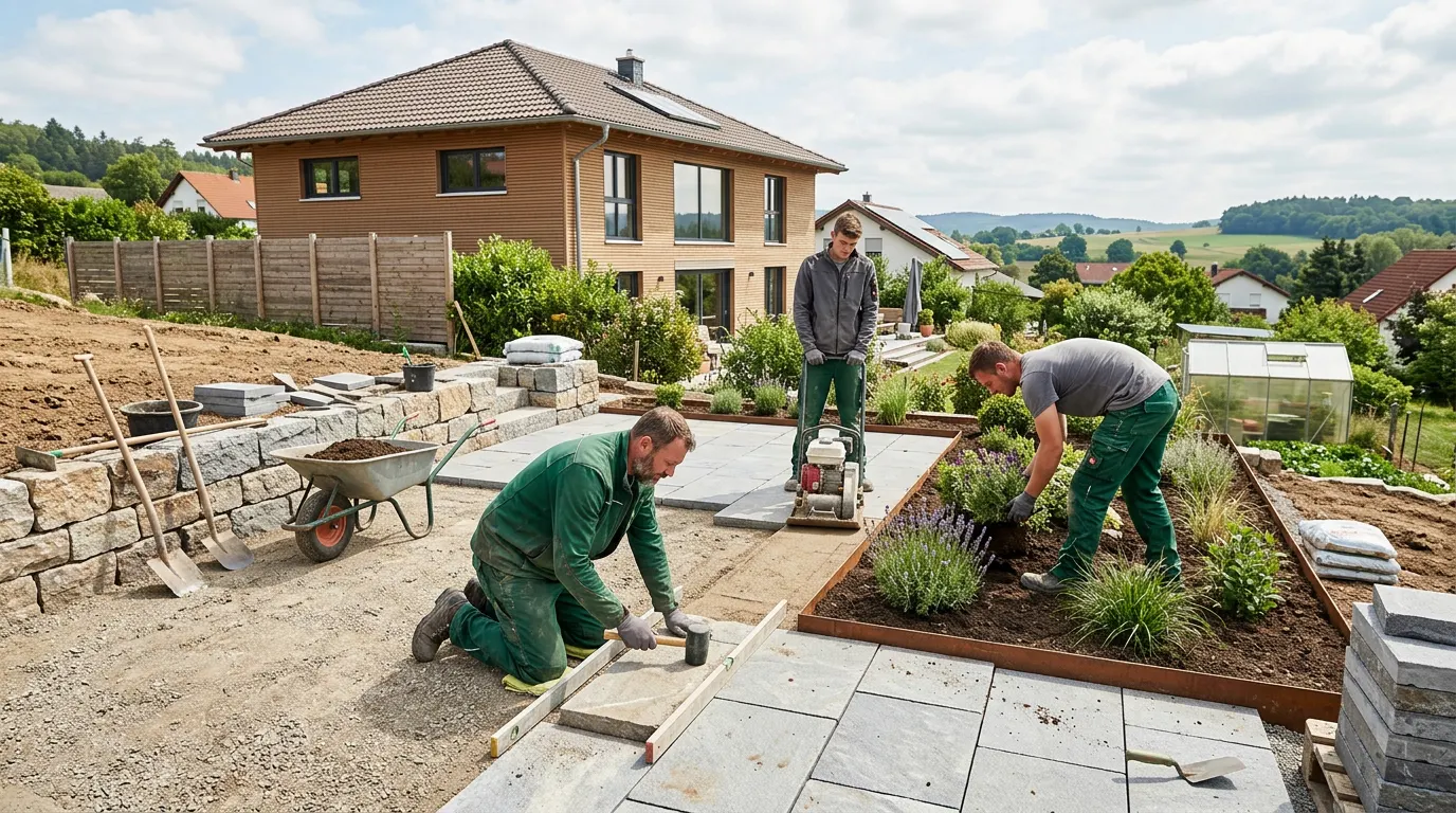 Polnisches GaLaBau-Team baut eine Terrasse in Deutschland