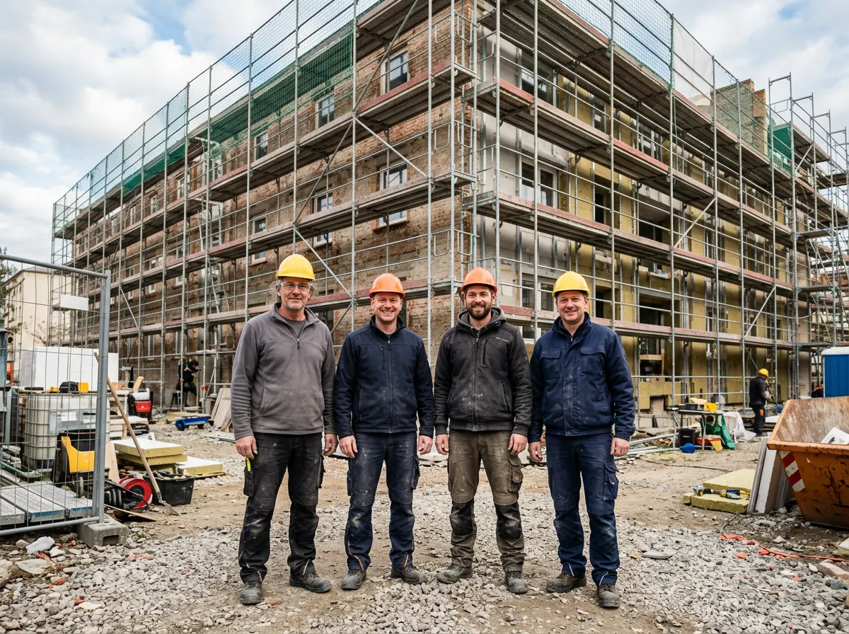 Polnische Fassadenkolonne bei der Baubesprechung am Gerüst