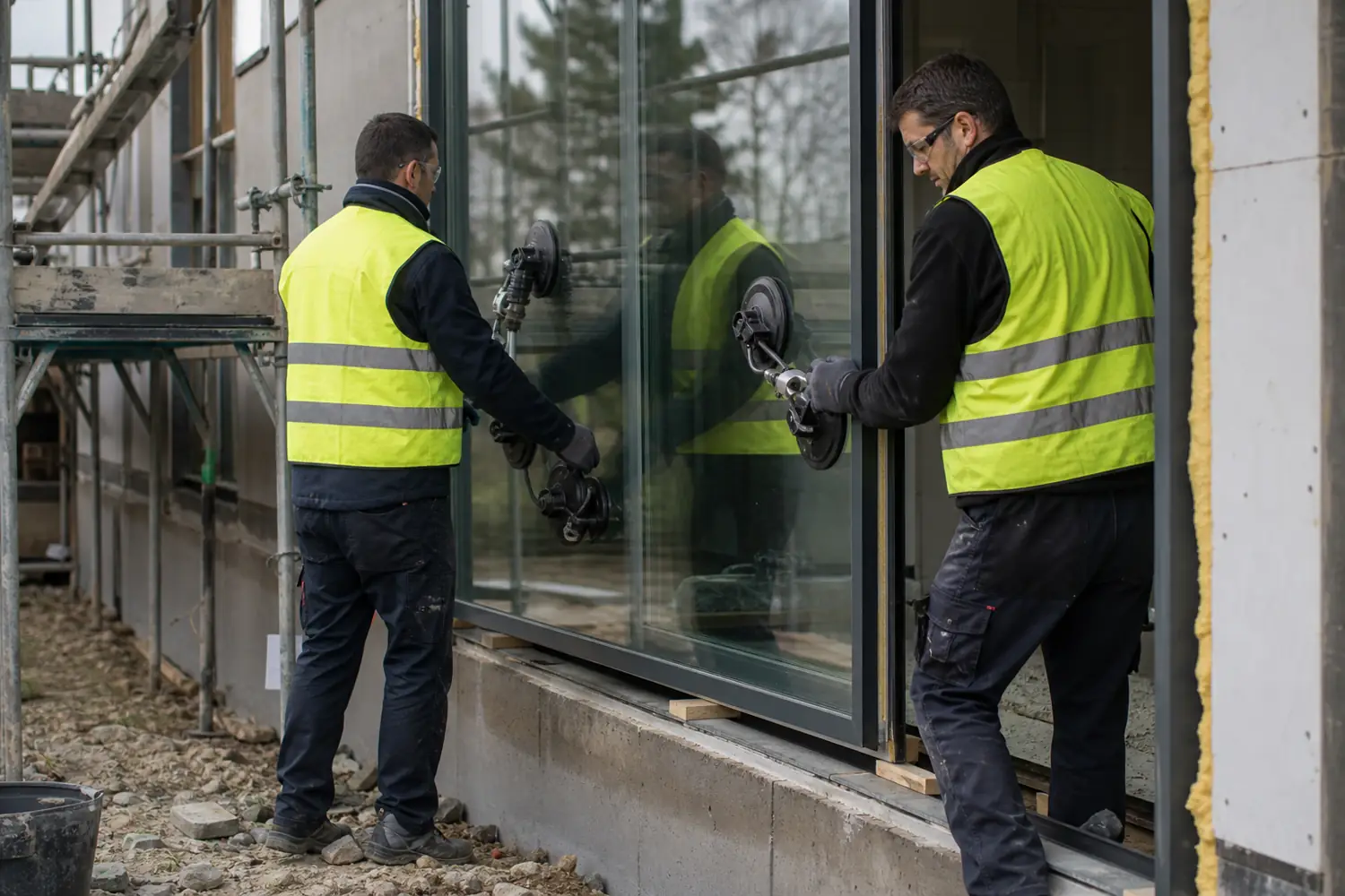 Polnisches Montageteam setzt ein großes Fensterelement in Deutschland ein