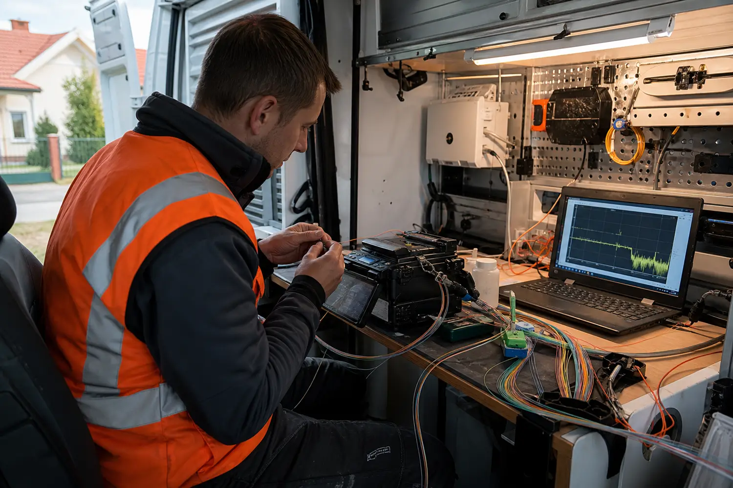 Techniker spleißt Glasfaserkabel in einem Montagefahrzeug