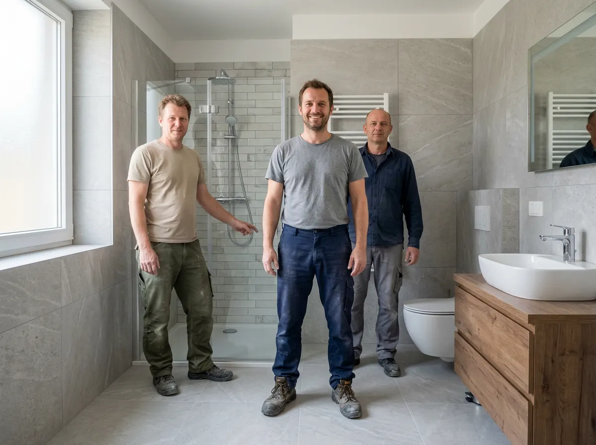 Polnisches Fliesenlegerteam auf einer Baustelle