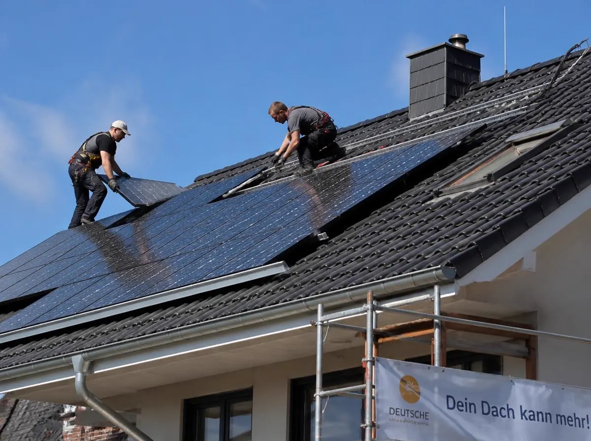 Polnische Monteure installieren Photovoltaik-Module auf einem Steildach in Deutschland