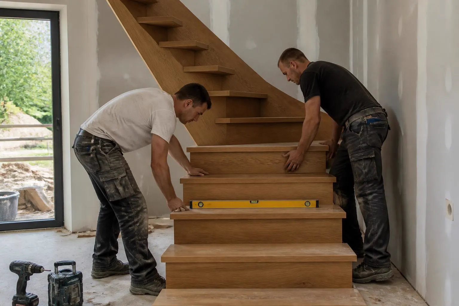 Polnische Tischler montieren eine Holztreppe in einem Neubau in Deutschland