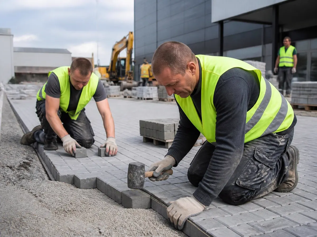 Polnische Pflasterer verlegen Betonsteinpflaster auf einer Gewerbefläche