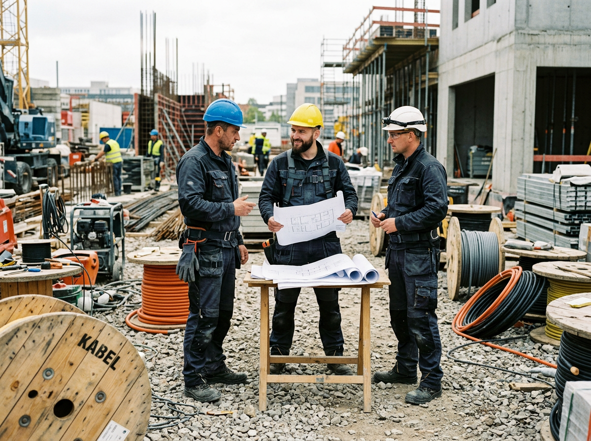 Polnisches Elektro-Team bespricht Baupläne auf einer Baustelle