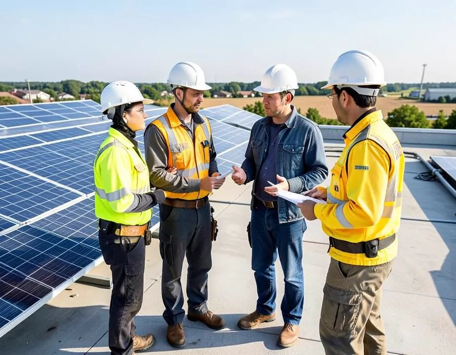 Polnisches Photovoltaik-Team bespricht die Montageplanung auf einem Hallendach