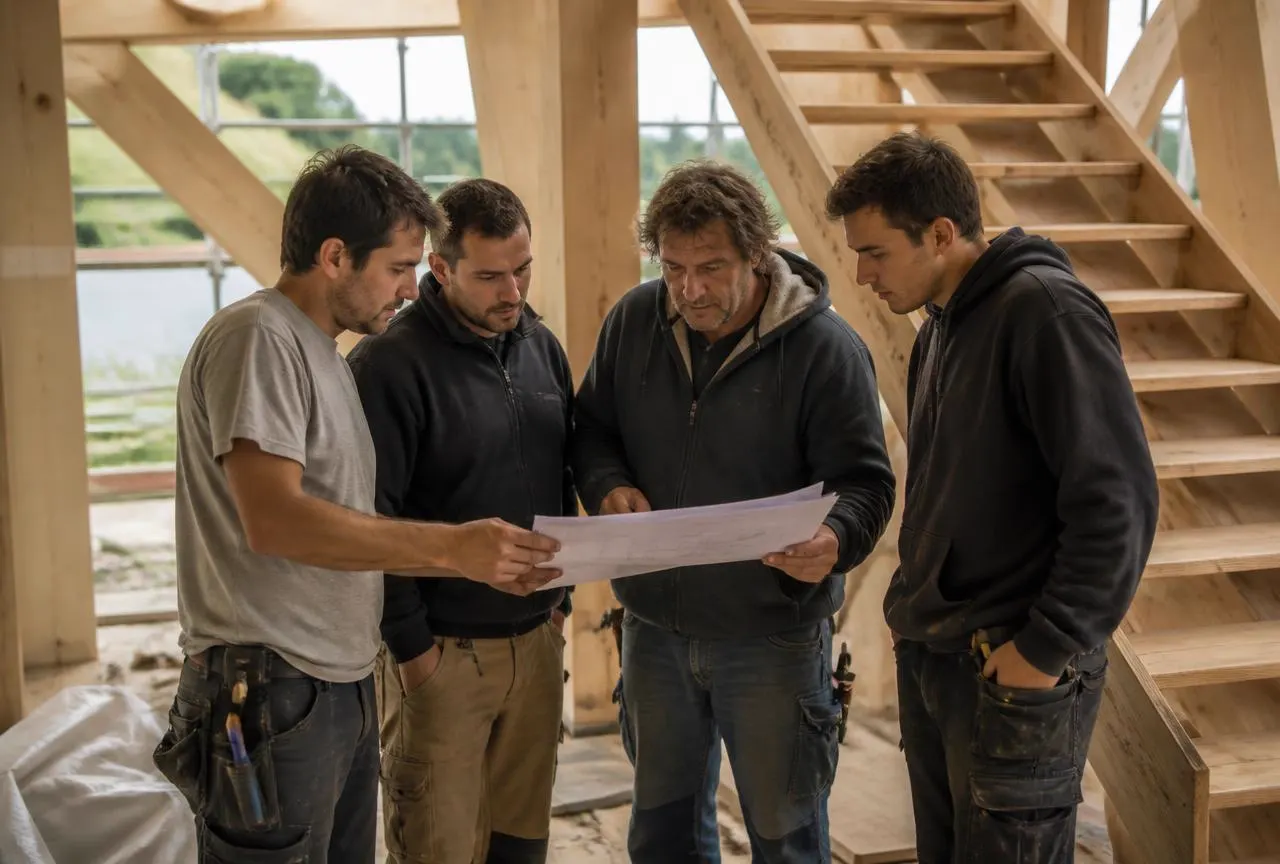 Polnisches Holzbau-Team bespricht die Montageplanung einer Treppe