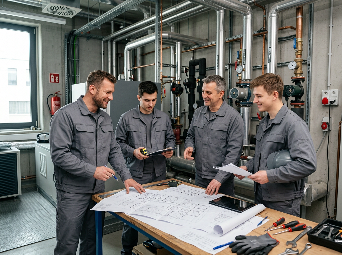 Polnisches HKLS-Team bespricht technische Pläne in einer Heizzentrale