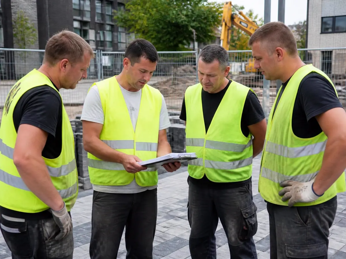 Polnische Pflaster-Kolonne bespricht den Bauablauf auf der Baustelle
